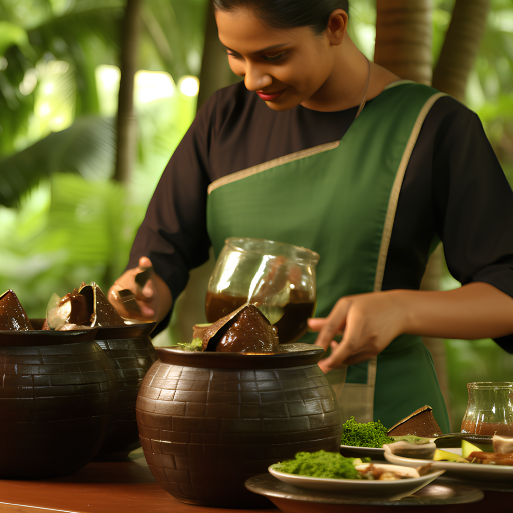 ayurvedic practitioner in an apron preparing herbs on a table