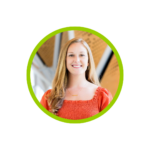 Katie Nissley headshot in greem circle frame, smiling in burnt orange shirt