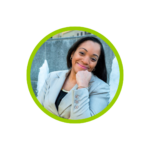 Dr Sophia Miranda in gray blazer, smiling with hand on chin in a green circle frame