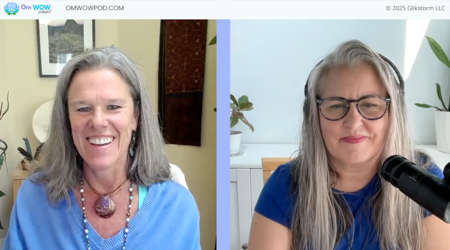 Two women appear on a split-screen video call, smiling; left in a blue sweater with a necklace, right wearing glasses and a headset microphone.