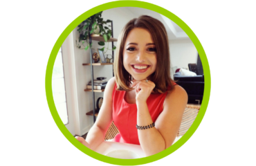 Hailey Rowe headshot, smiling in red shirt with hand under chin - fornatted in green circle for AB Blog