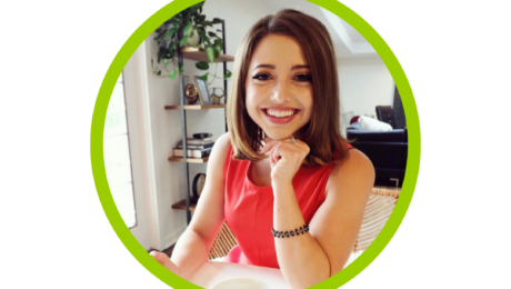 Hailey Rowe_ How to Grow Your Business the FUN Way with Profitable Collaborations & PartnershipsBLOG Hailey Rowe headshot, smiling in red shirt with hand under chin - fornatted in green circle for AB Blog